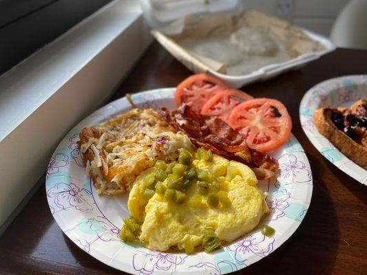 biscuits and gravy, omelette, hash browns.