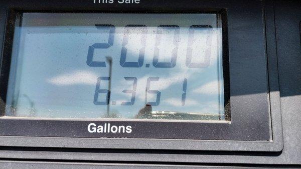 Gas pumper near my bumper $20 bucks gotten me 6.361 gallons 87 octane mock gain hahaha