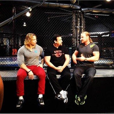 Filming a FOX Sports LA segment with his Eric the Trainer and the UFC's Big John McCarthy.