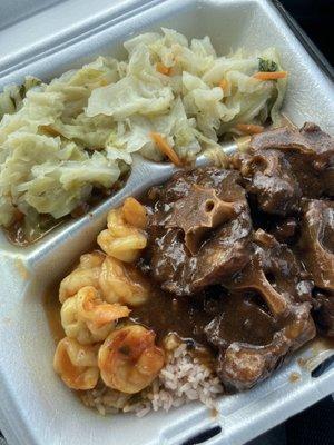 Curry Shrimp, oxtails, rice and peas, double cabbage