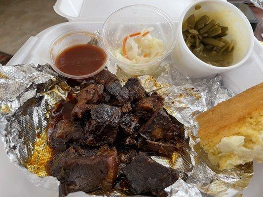 Burnt Ends, coleslaw, green beans, and cornbread from Company 7 BBQ in Edgemont, OH.