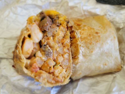 Surf and Turf (carne asada, shrimp, fries, cheese, crema and pico) - I had asked for light pico & heavy crema, buy didn't see any crema