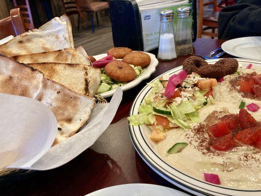 Veggie combo with potato chop entree. Two kinds of bread included. Lentil soup out of frame.