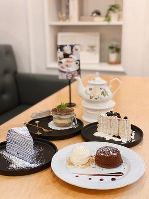 Tiramisu, Brown sugar boba crepe cake, Purple yam crepe cake, and Molten lava cake ~