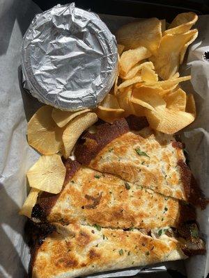 Balsamic pork chop quesadilla with Yucca Chips & Dill Dip