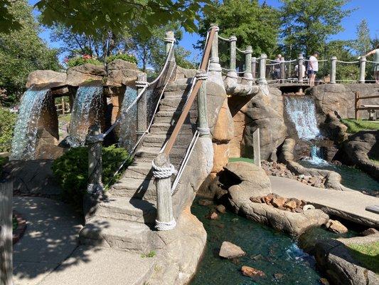 Stairway and waterfalls are unexpected and cool