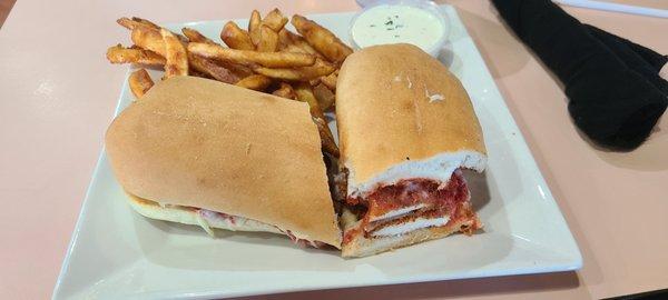 Chicken parm sub with fries