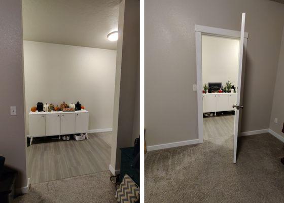 Before and after of closing in an opening and installing a door.