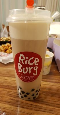 "warm" black milk tea latte (boba +$1.50)