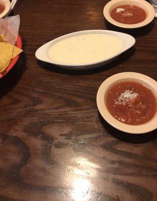 Chips and salsa, with a side of queso.