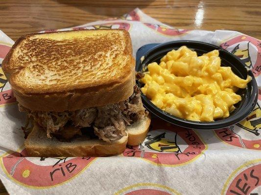 BBQ Pork Sandwich with a side of mac