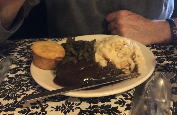 Lunch special, Salisbury steak, mashed potatoes, green beans and corn cake