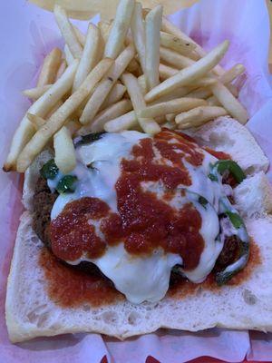 Breaded Steak Sandwich (with mozzarella instead of Swiss cheese) and fries