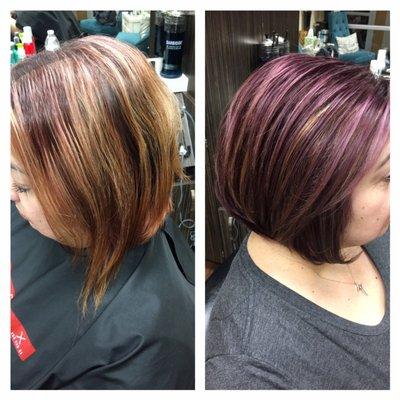 Before & After picture. Purple Hair with peekaboo blonde underneath with a Bob cut style.