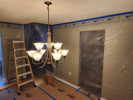 Prep and progress- popcorn ceiling removal / sheetrock repair / repaint