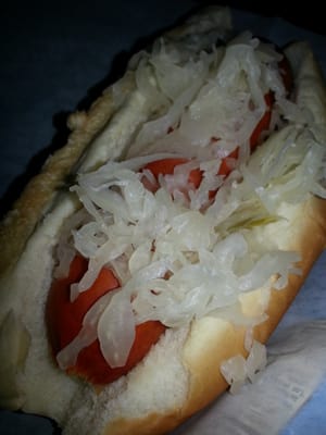 Hot link with sauerkraut.