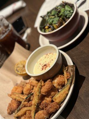 Popcorn shrimp and Brussels sprouts.