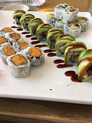 Sweet potato roll, peanut-avocado roll, dragon roll