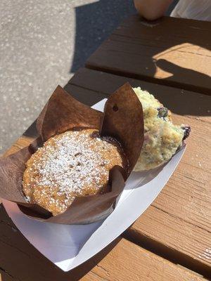 Carrot cream cheese muffin on left and blueberry scone on right.