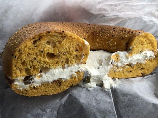 Egg bagel with jalapeño cream cheese