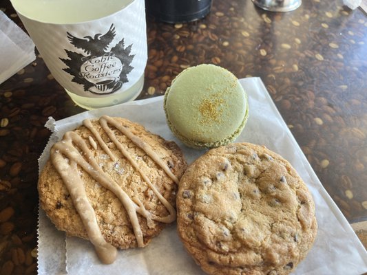 Irish cream macaroon, toffee cookie and chocolate chip cookie