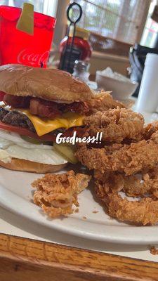 The bacon cheeseburger with onion rings