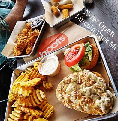 Garlic Parmesan Chicken Sando, Waffle Fries, Chicken Tenders