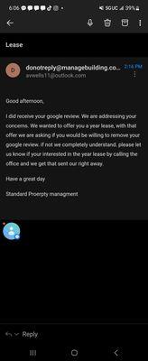 Standard property management trying to coerce me to take my Google review down