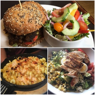 Quinoa Burger, mac and cheese, and Cobb salad.