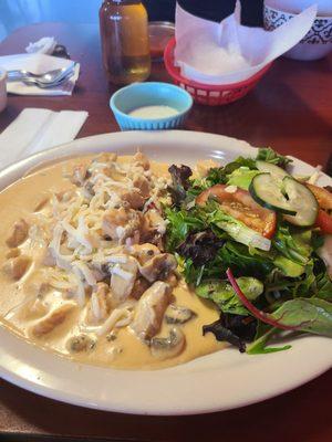 Chicken creama with mushrooms and salad instead of rice and beans... we don't eat pork.