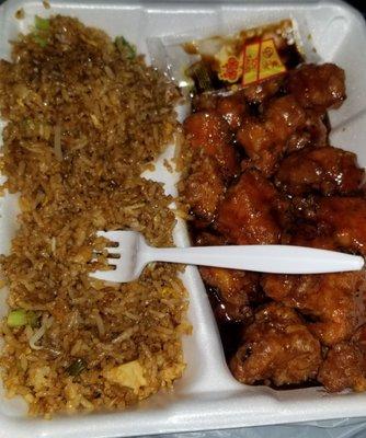 Orange chicken and chicken fried rice.