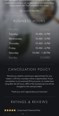 Hours and cancelation policy