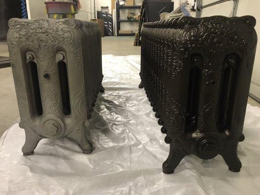 Before and after side by side 90 year old radiators - powder coated color flat bronze