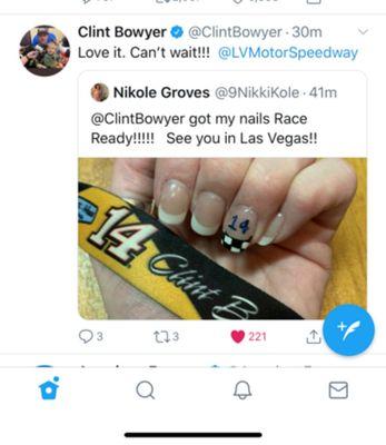 Retweeted on Clint Bowyer twitter page!!