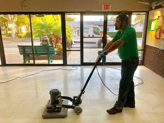 Stripping and finishing VCT tiles