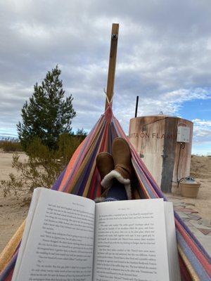 Enjoying the peaceful morning with a good book.