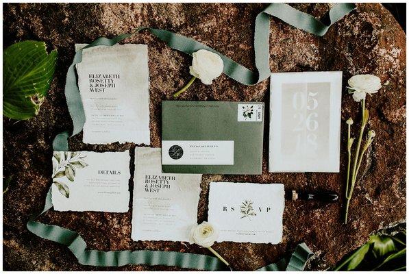 Liz & Joe's romantic wedding. Handmade paper with torn edges & watercolor graphics. The invitation set the tone for this beautiful wedding!