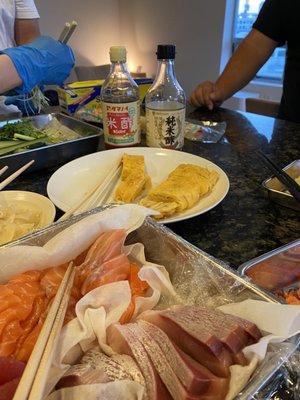 Prepping the fish and making tamago