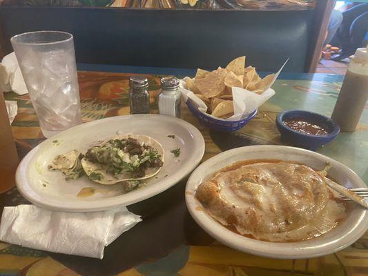 Cheese stuffed chili poblano pepper and Cana asada taco