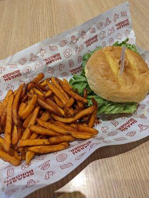 Classic smash burger with sweet potato fries. $10