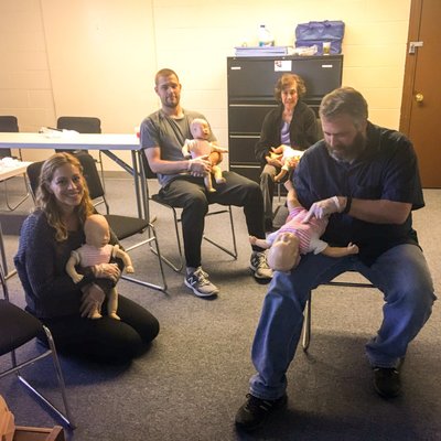 Adult and Pediatric CPR and First Aid Training. I'm trained and certified, y'all! Nice classmates.