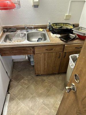 The kitchen where they prepared the free breakfast.  There are frozen sausages sitting in the sink.