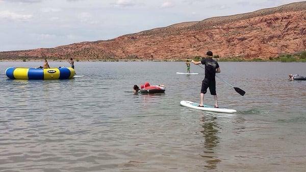 Our paddle boards and water bouncer out on Ken's Lake!