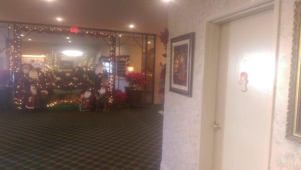 The hallway in front of the elevator at Westborough Royal. It is decorated in Cristmas decorations the whole month of December