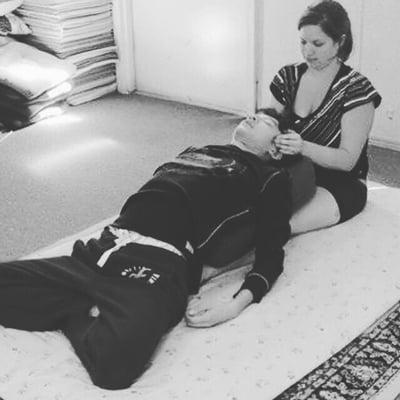 Relaxation in a chest opener. Receive lymph stimulation to the face and head while releasing tension from your shoulders.