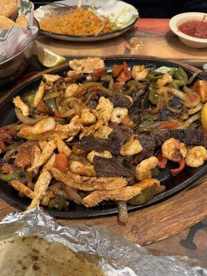 Chicken, steak, & shrimp fajitas for two