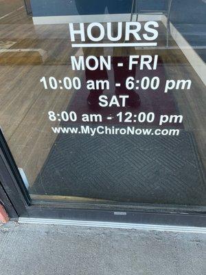 Hours:  M-F 10am to 6pm and Sat 8am to Noon.  www.MyChiroNow.com