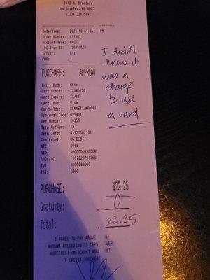 I left a note about the extra charge and left no tip. I was pissed