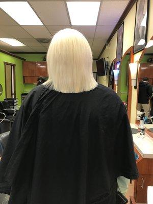 Platinum blond process: after application and haircut.