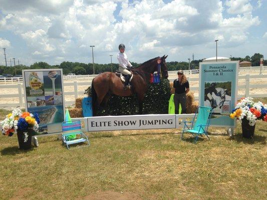 Rachel & Ukiah with their trainer Karema at the AA rated Elite Show Jumping in Pensacola, FL